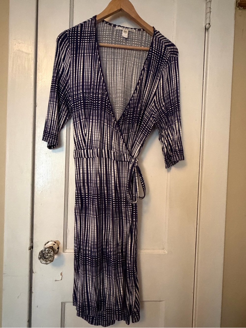 Navy and white wrap dress